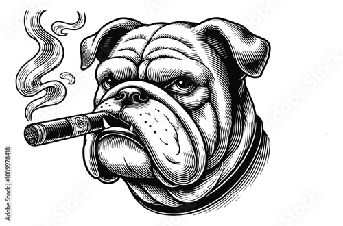 bulldog with a cigar in its mouth engraving black and white outline