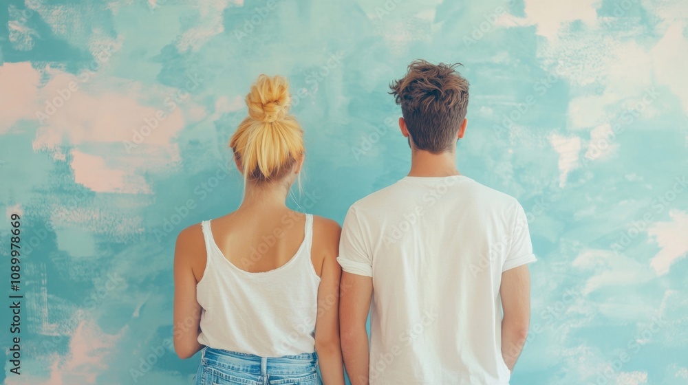 Fototapeta premium A young couple standing with their backs to the camera, facing a textured blue wall, suggesting unity and togetherness.