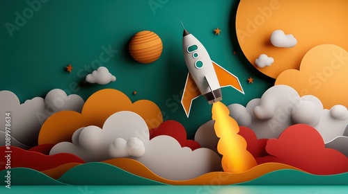 Colorful Paper Cut Illustration of a Rocket Launch