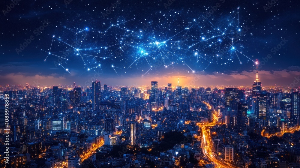 Obraz premium A Stunning Evening Cityscape Displaying Urban Lights Under a Starry Sky with a Network of Stars and Constellations Illuminating the Night Landscape