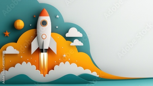 Colorful Rocket Launching in Paper Cut Style Art