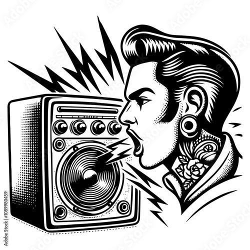 Retro-style illustration of a man shouting into a loudspeaker emitting sound waves. Generative ai.