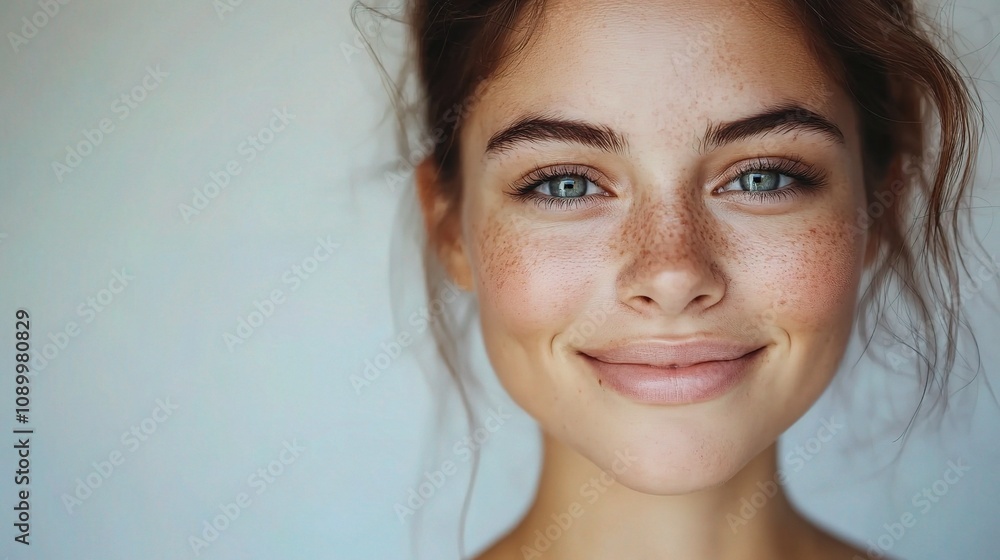 Naklejka premium Natural Portrait of a Young Woman with Freckles and Bright Blue Eyes Smiling Gently Against a Soft Background, Showcasing an Inviting Personality and Youthful Charm