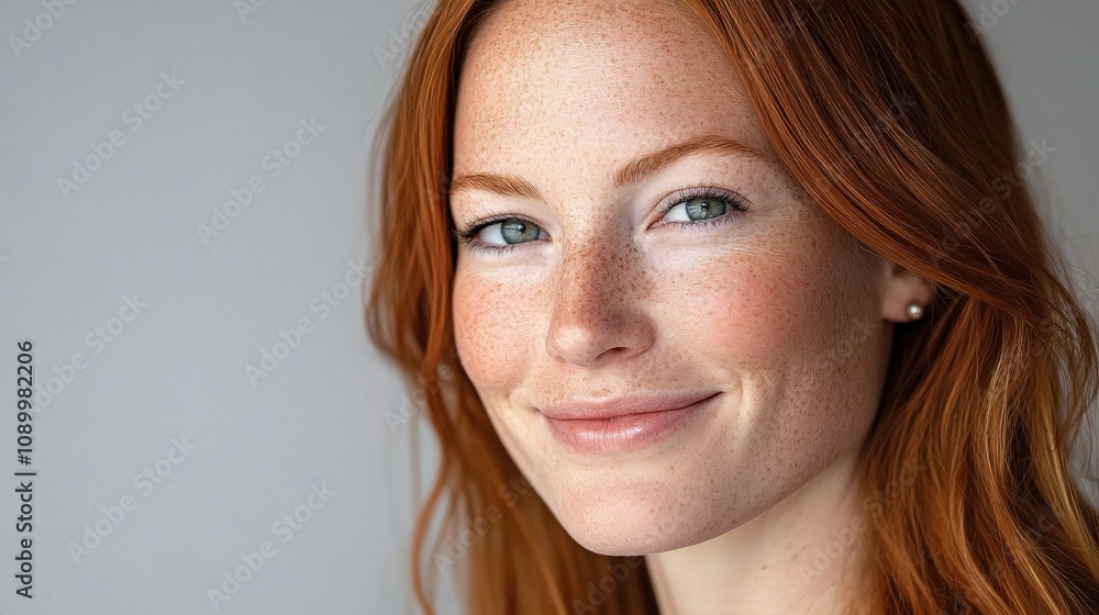 Obraz premium Captivating Portrait of a Smiling Woman with Freckles and Flowing Red Hair, Radiating Confidence and Natural Beauty in a Softly Lit Background