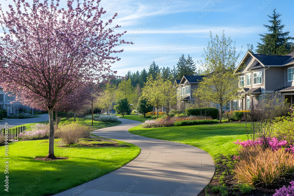 Fototapeta premium Colorful blooms and lush greenery line a winding path in a tranquil suburban neighborhood
