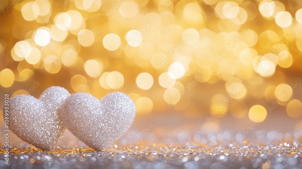 Fototapeta premium Sparkling white hearts are placed closely together, shining brightly against a soft, golden backdrop, enhancing a warm romantic vibe