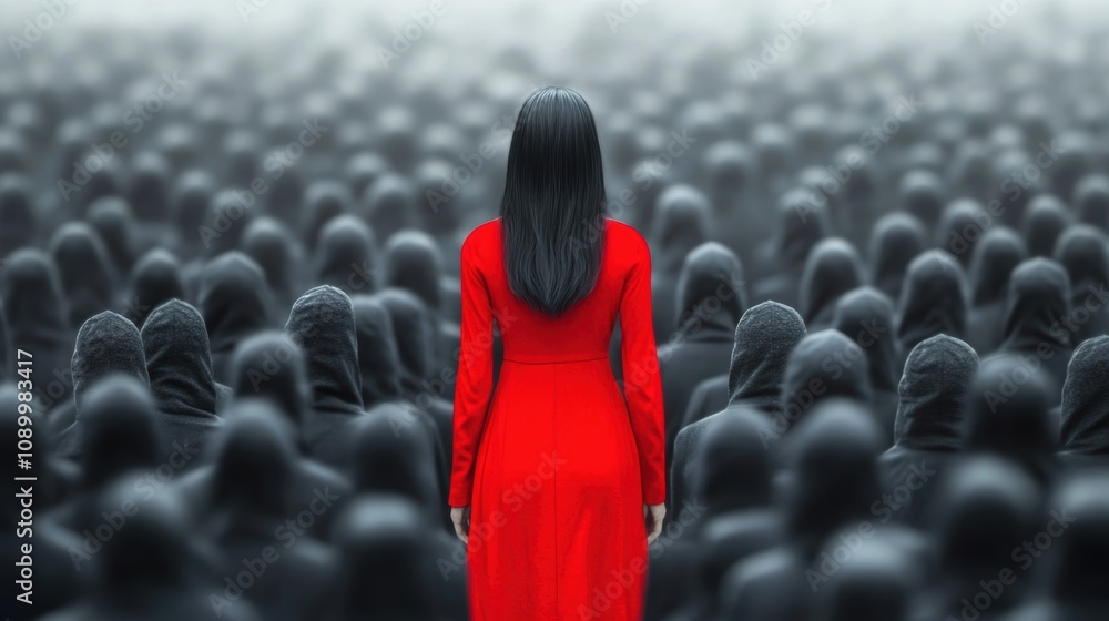 Fototapeta premium A woman in a form-fitting black dress stands with her back to a bold red wall, creating a powerful and minimalist visual impact.