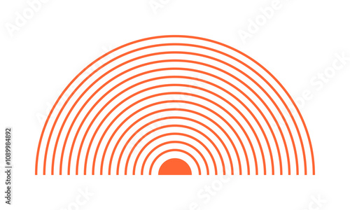 Concentric orange semicircles. Sunburst, sunrise or sunset icon. Pain localization sign. Shockwave, radiation or vibration symbol. Sound, radar or sonar wave pictogram. Vector flat illustration.
