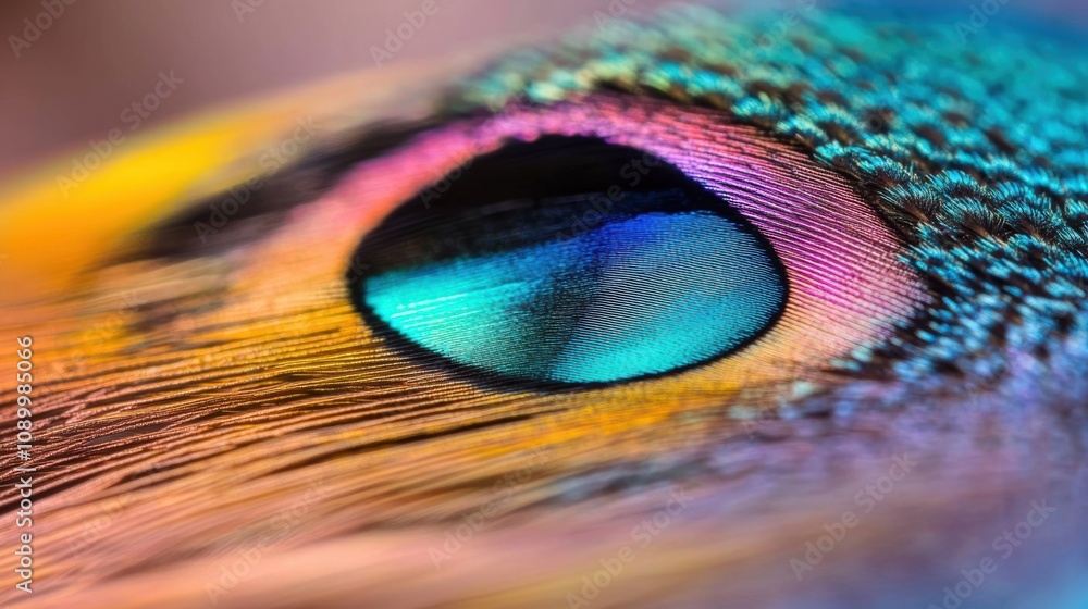 Fototapeta premium A striking close-up of a peacock feather reveals its vibrant hues and detailed patterns that captivate the eye, reflecting natural beauty