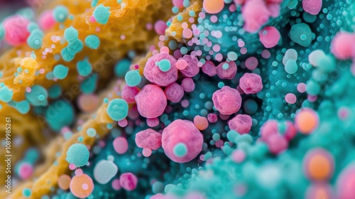 This view highlights vibrant microbes under a microscope, revealing intricate forms and colors typical of various microorganisms
