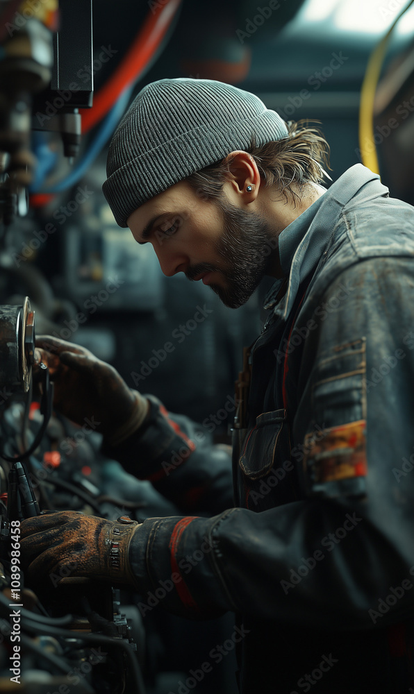 Fototapeta premium Mechanic in Punk Style Inspecting Machinery for Auto Repair Site