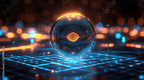 A glowing blue and orange holographic sphere with an intricate network of light beams around it, floating above the surface of a black glass grid that forms the base for digital marketing