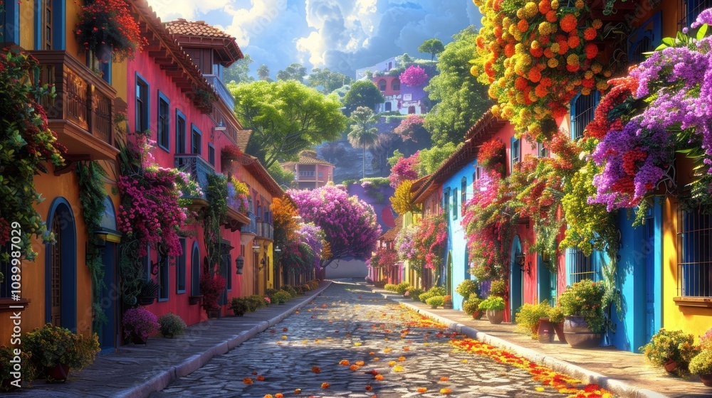 Fototapeta premium A vibrant street lined with colorful houses and blooming flowers.