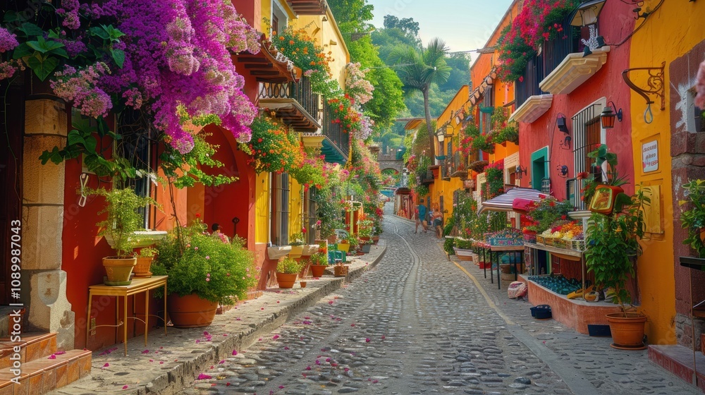 Fototapeta premium Colorful cobblestone street adorned with flowers and vibrant buildings.