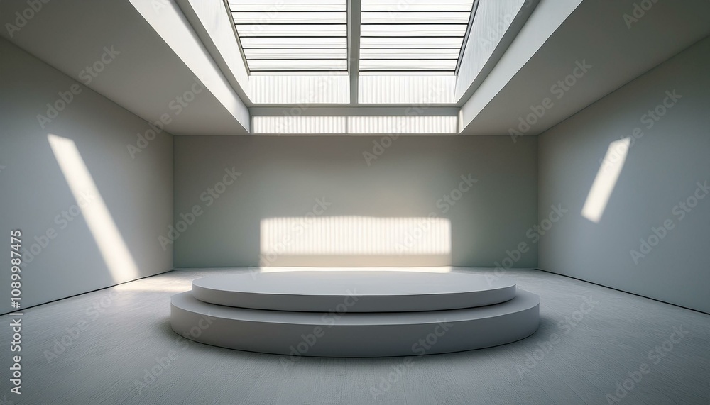 Fototapeta premium Minimalist podium in a modern empty room with soft natural lighting from ceiling skylights. 3D Rendering