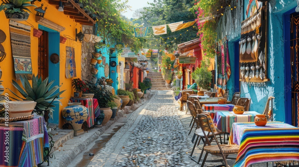 Fototapeta premium Colorful street lined with tables and vibrant decorations.