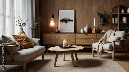 Wallpaper Mural Cozy living room interior, Scandinavian style. Wooden furniture and elegant. Torontodigital.ca