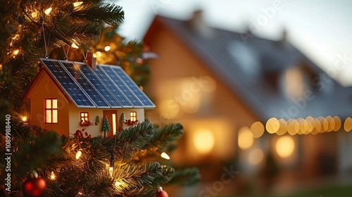 Solar-powered house ornament on Christmas tree.