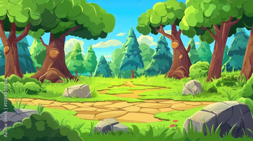 Fototapeta premium A Sunlit Forest Path with Tall Trees and Rocks
