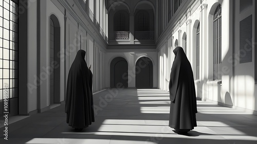 Two Figures in Black Robes Stand in a Sunlit Hallway AI Generated