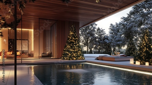 Modern Home with Pool and Christmas Decor in a Snowy Landscape AI Generated