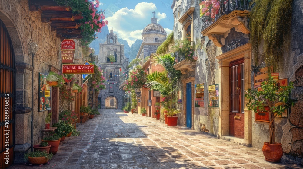 Obraz premium Charming cobblestone street adorned with flowers and vibrant buildings.