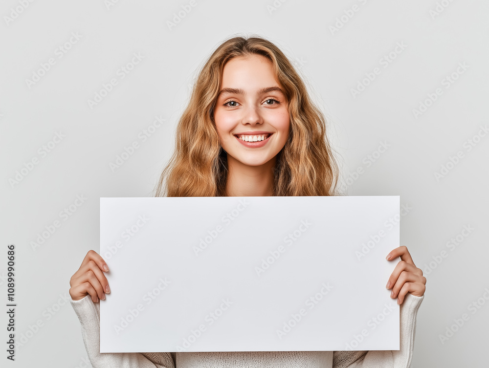 Naklejka premium Confident and Joyful Young Woman Smiling and Posing in White Studio