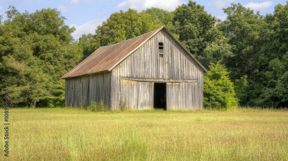 Obraz premium Rustic weathered barn in a grassy field.