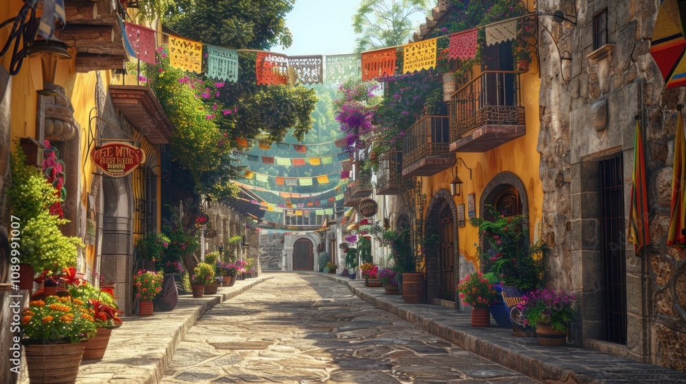 Fototapeta premium Colorful street adorned with flowers and festive decorations.