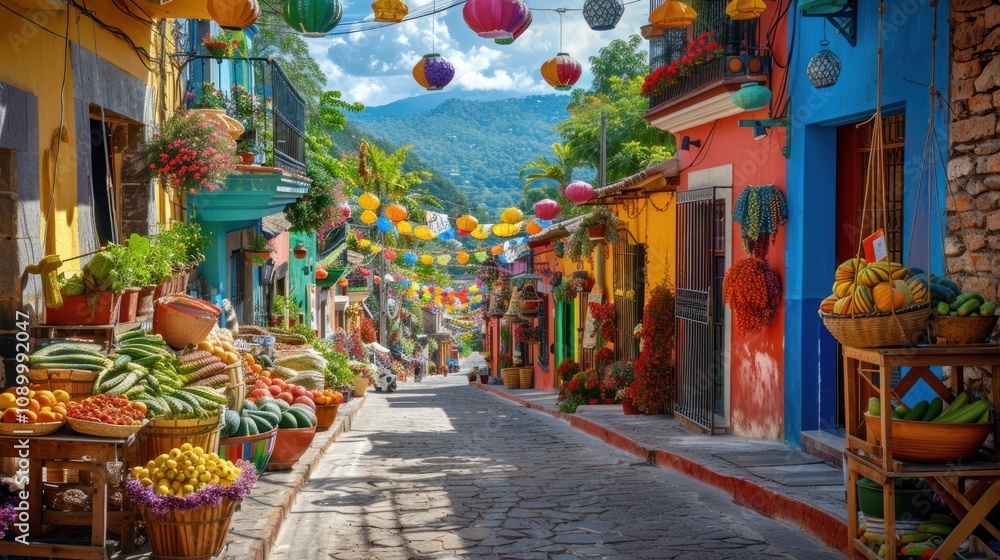 Fototapeta premium Vibrant street market with colorful decorations and fresh produce.