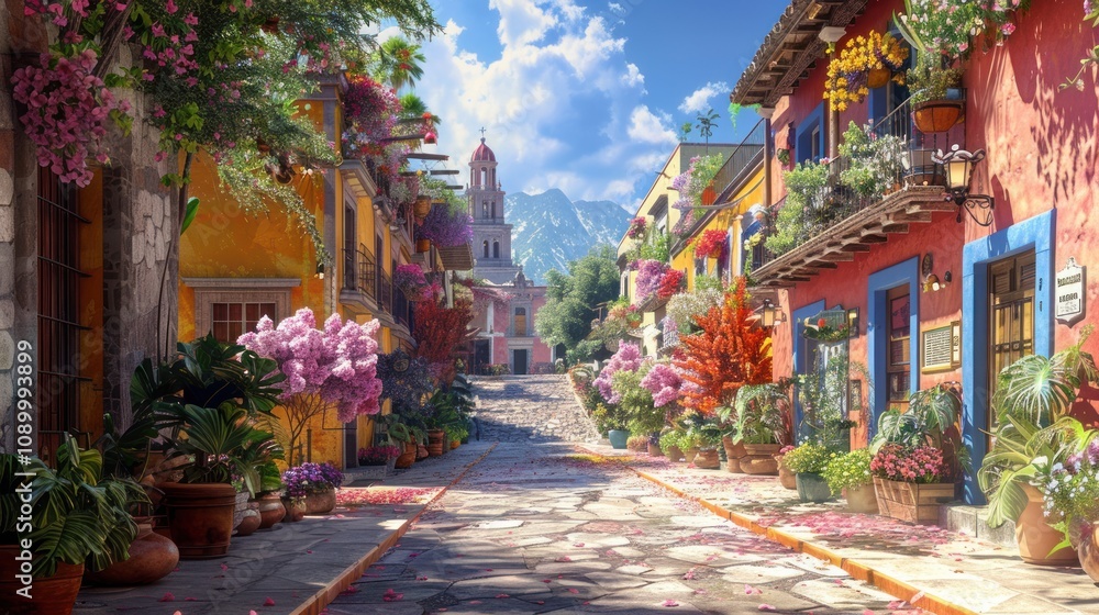 Obraz premium Vibrant street scene adorned with flowers and colorful buildings.