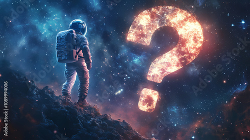 An astronaut explores a question mark-shaped portal in the vastness of the space-time continuum against a cosmic background. Space-Time Portal. Illustration