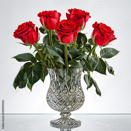Bouquet of red roses in a clear glass vase with diamond patterns, isolated on white and grey background