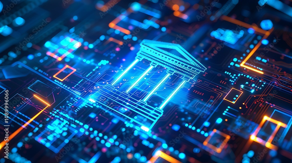 Fototapeta premium A digital representation of a classical building integrated with circuit patterns, symbolizing the fusion of technology and architecture.