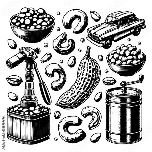 Hand-drawn assortment of peanuts, cashews, and vintage objects in black ink on white. Generative ai.