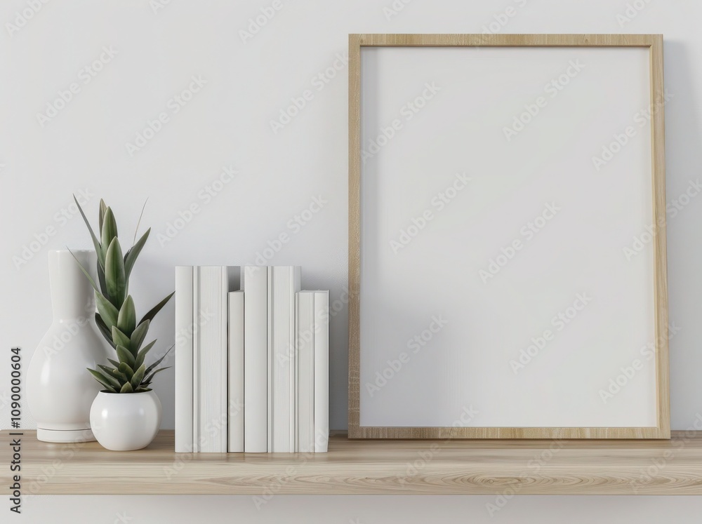 Fototapeta premium A white wall with a wooden shelf holding a potted plant, a framed picture, and stacks of books
