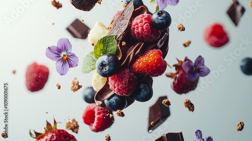 Deconstructed dessert with chocolate and fresh berries