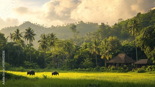 Dua mitra gajah liar Sri Lanka bermain di lapangan rumput di bawah matahari terbenam langit oranye  photo