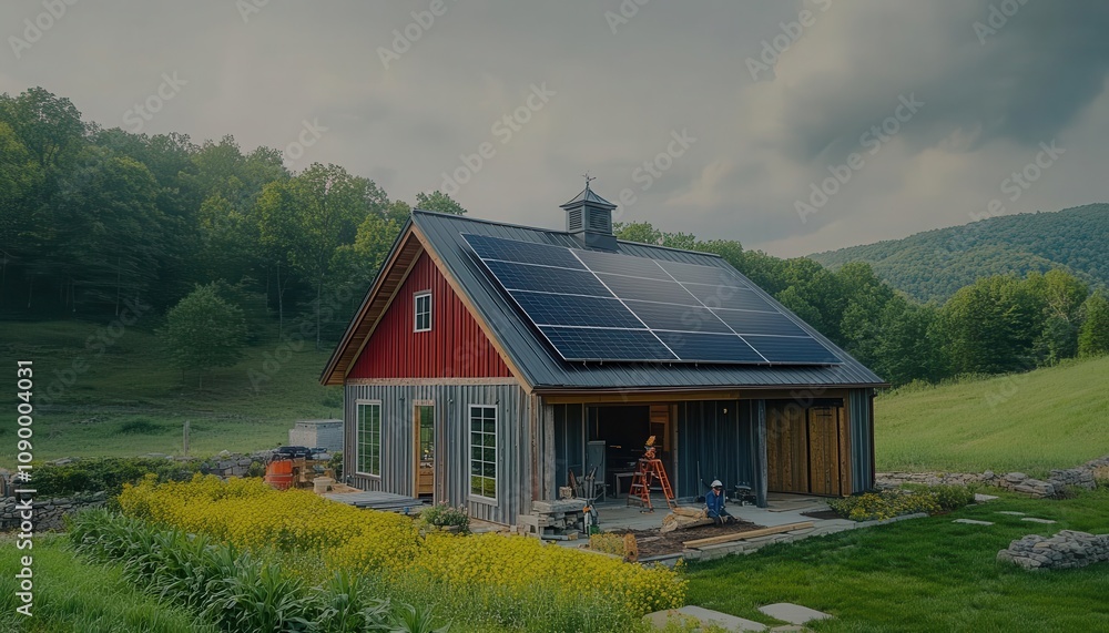 Fototapeta premium A person installing solar panels on the roof of a barn, Solar Installation, Green and responsible