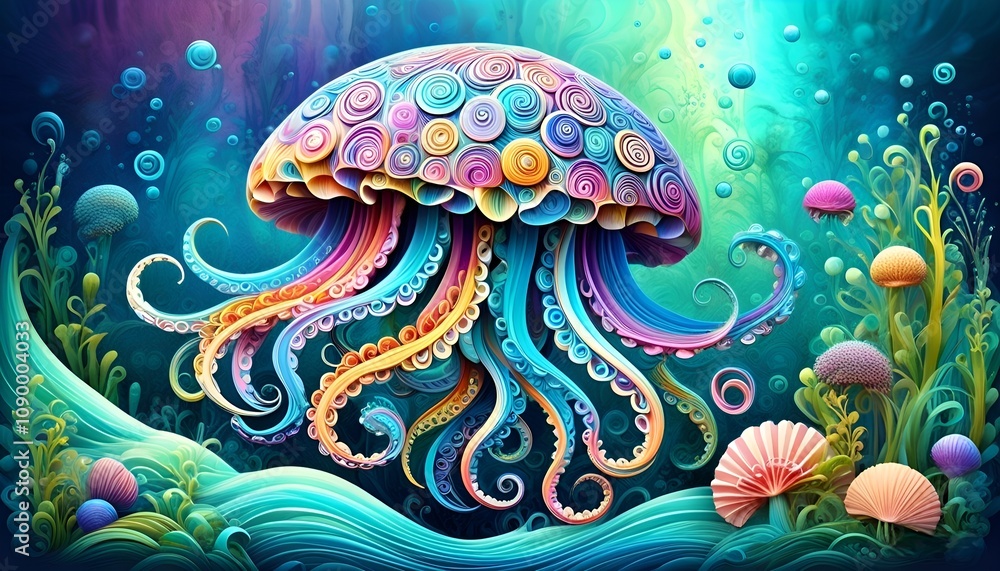 Fototapeta premium Vibrant jellyfish underwater with flowing tentacles surrounded by colorful fish and coral