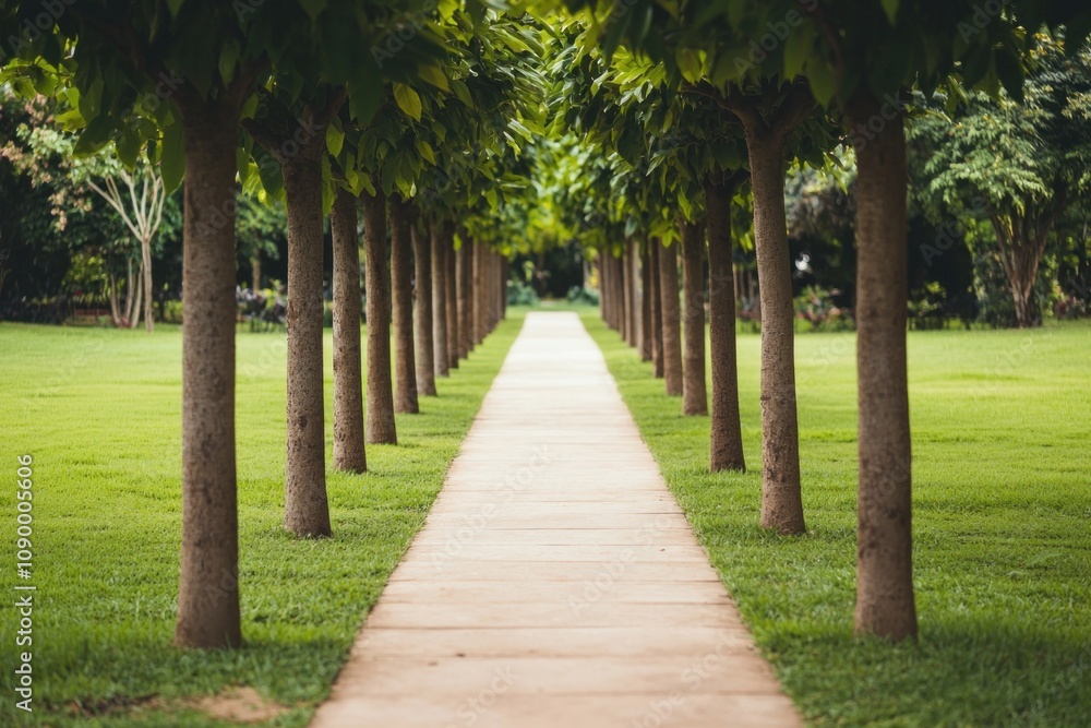 Fototapeta premium Serene pathway through lush trees park nature photography tranquil environment ground level view serenity concept