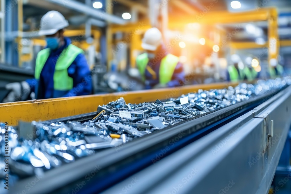 A conveyor belt with workers in white and green safety gear A conveyor belt with workers in white and green safety gear