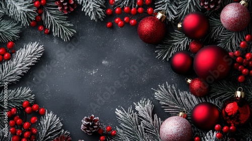 Festive Holiday Arrangement with Red Ornaments and Foliage photo