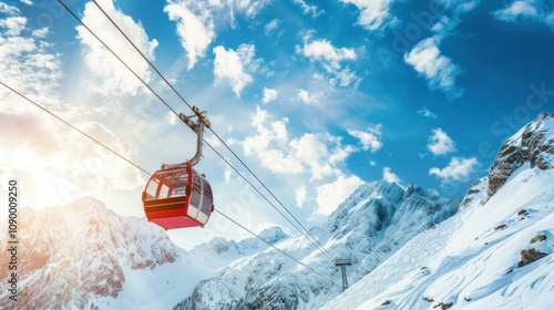 Cable car in the mountains on a snow-covered slope, The red and white colors of the cable car above the snowy peaks create the concept of winter sports. Wide angle view from below.