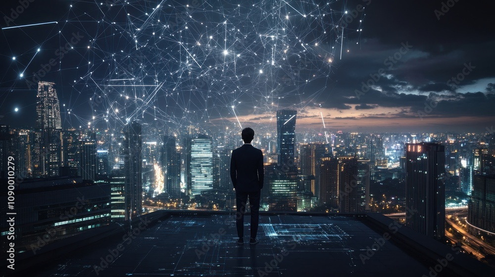 Fototapeta premium Night Cityscape: A Man Contemplating the Digital Future
