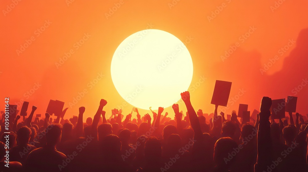 Fototapeta premium A large crowd of people silhouetted against a bright orange sunset, raising their fists in the air and holding signs.