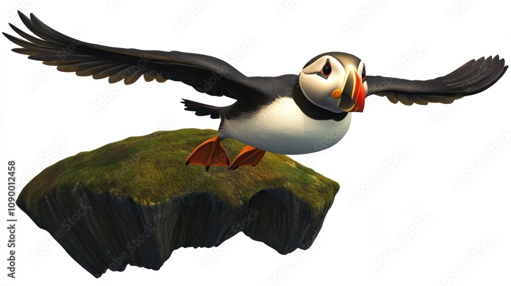 Naklejka premium Puffin in Flight Over a Rocky Island