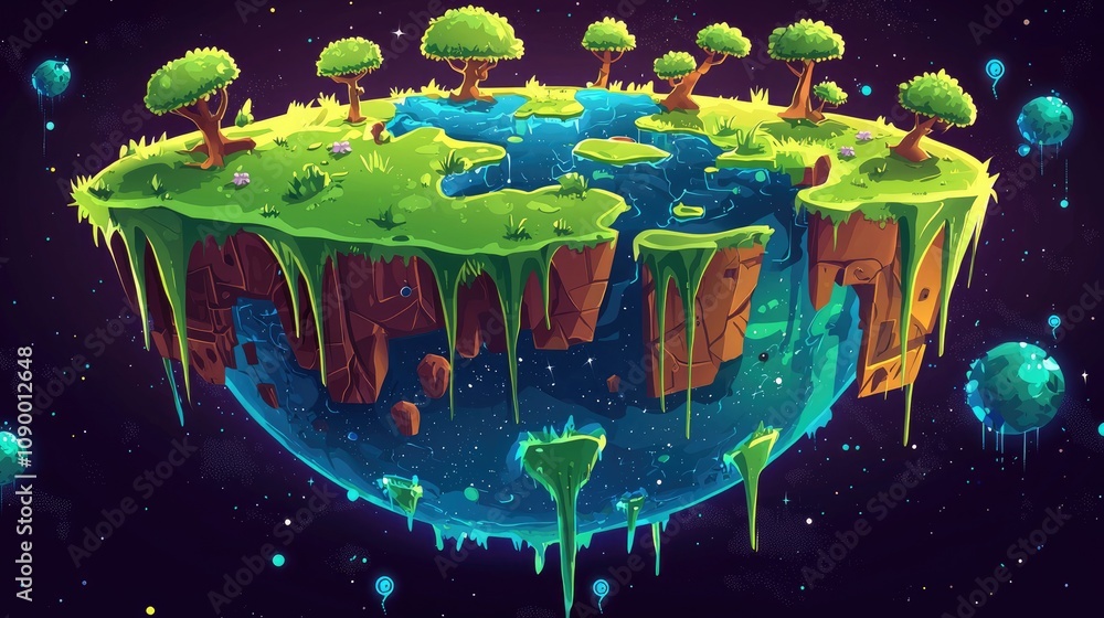 A Cartoon-Style Floating Island with Trees and a River in Space