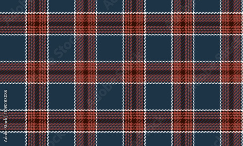 Plaid fabric pattern, blue, orange, white, brown, modern striking cross lines, seamless for textiles, and for designing clothes, skirts or decorative fabrics. Vector illustration.