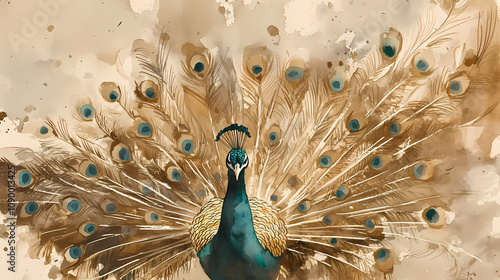 Watercolor painting of a peacock with its tail feathers spread wide. Elegant Peacock Feathers. Illustration